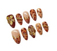 YDMHYLAI Uñas Lindas 24pcs prensa corta de almendras en las uñas, flor de estampado de leopardo marrón dorada, juego de cubierta completa francesa
