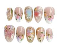 YDMHYLAI Uñas Lindas 24pcs prensa de almendra verde claro en las uñas, arcos de oro perla decoración de diamantes coloridos, conjunto suave reutilizable(Y13)