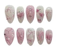 YDMHYLAI Uñas Lindas 24pcs prensa de almendra verde claro en las uñas, arcos de oro perla decoración de diamantes coloridos, conjunto suave reutilizable(Y16)