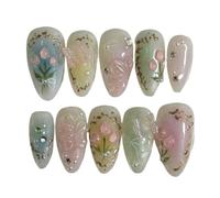 YDMHYLAI Uñas Lindas 24pcs prensa de almendra verde claro en las uñas, arcos de oro perla decoración de diamantes coloridos, conjunto suave reutilizable(Y3)