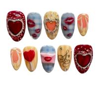 YDMHYLAI Uñas Lindas 24pcs prensa de almendra verde claro en las uñas, arcos de oro perla decoración de diamantes coloridos, conjunto suave reutilizable(Y24)