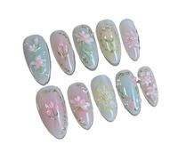 YDMHYLAI Uñas Lindas 24pcs prensa de almendra verde claro en las uñas, arcos de oro perla decoración de diamantes coloridos, conjunto suave reutilizable(Y12)