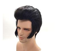 ydound 2022 Cantantes de Rock for Hombre Elvis Aron Presley Cosplay Peluca Partido Elvis Presley Black Synthetic Hair Threat Pelucas + Peluca Cap