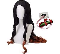 ydound 2022 Kamado Nezuko Cosplay Peluca for el Demonio Slayer Kimetsu No Yaiba 37 Pulgadas Larga Rizado Negro Naranja Cabello de Gradiente con Bambú + Cap Rosa Cinta