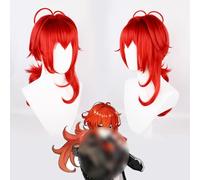 ydound 2022 Peluca de Impacto Genshin, Peluca Diluc de Cosplay de Anime, Peluca roja rizada con Gorro de Peluca Gratis, for Halloween, Fiesta, Carnaval, Vida Nocturna, conciertos, Bodas