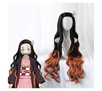 ydound Cosplay Wig Anime Kamado Nezuko Cosplay Peluca Blade of The Demon Slayer Kimetsu no Yaiba Halloween Anime Pelo Rizado Mezclado Negro marrón + Gorro de Peluca KEEBON