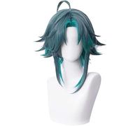 ydound Cosplay Wig Peluca Azul Verde azulada Corta for Xiao Genshin Impact Game Anime Fluffy Cosplay Pelucas de Cabello con Flequillo + Gorra