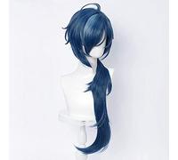 ydound Cosplay Wig Peluca de Cola de Caballo Azul for Kaeya Genshin Impact Game Role Fluffy Curly Anime Cosplay Pelucas de Cabello con Flequillo de coleta + Gorra