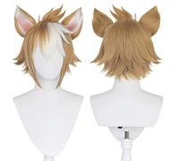 ydound Cosplay Wig Peluca de Cosplay de Gorou con Degradado Blanco Mezclado Naranja for Juego Genshin Impact Men Peluca Corta de Cosplay sintética con Cuernos