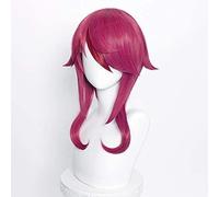ydound Cosplay Wig Peluca Rosa roja for Rosaria Genshin Impact Anime Peluca de Pelo Rizado Cosplay con Flequillo + Gorra