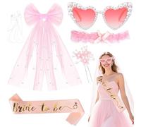 YeahBoom 4 Piezas Set Despedida de Soltera Decoración Accessorios,Velo de Novia con Lazo de Perlas+Novia Satin Sash+Gafas de Sol Corazon de Perl Tocado de novia,Velo Novia Despedida Soltera