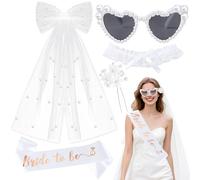 YeahBoom 5 Piezas Set Despedida de Soltera Decoración Accessorios,Velo de Novia con Lazo de Perlas+Novia Satin Sash+Gafas de Sol Corazon de Perl Tocado de novia,Velo Novia Despedida Soltera