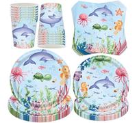 YeahBoom 50 Piezas Juego de Vajilla de Fiesta, Kit Incluye Platos Vasos Servilletas, Decoracion Set para Cumpleaños, Boda, Picnic, Baby Shower, 10 Invitados, Color Azul Océano, Dibujo Animado