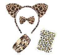 YeahBoom 5PCS Diadema de leopardo,diademas de orejas de gato,Pulsera Leopardo,2 hojas pegatinas temporales leopardo,disfraz de leopardo,para Accesorios Decoración de Fiesta Disfraz