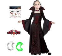 YeahBoom Disfraces Vampiros Niña,Vestido de Vampiro con Collar,Disfraz Vampiresa Gotica para niñas,Disfraz de Bruja Reina Vampiresa,Disfrazs Vampira Niña para Halloween,Cosplay, Fiestas de Disfraces