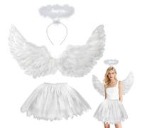 YeahBoom Disfraz de ángel blanco para adultos - Juego de 3 piezas con alas de 80 cm, falda de tul de 70 - 110 cm, alas de ángel para mujeres y niños