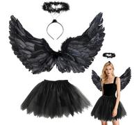 YeahBoom Disfraz de ángel negro para adultos, 3 unidades, 80 cm, falda de tul de 70-110 cm, alas
