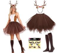 YeahBoom Disfraz Reno Mujer, Capa de Ciervo Marrón, Diademas con orejas, Tatuajes de cara de renos, Reno Conjunto de Falda, Falda Tutú para Carnaval Disfraz Fiesta Temática Halloween Cosplay (Marrón)