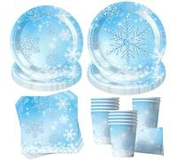 YeahBoom Juego de 50 vajilla de fiesta, diseño de copos de nieve, decoración de cumpleaños, con platos de cartón, vasos y servilletas, accesorios para fiestas, para cumpleaños, decoración de mesa para