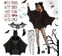 YeahBoom Set de disfraz de murciélago negro para mujer, disfraz de murciélago para mujer, disfraz de murciélago para mujer, traje de murciélago negro con capucha, máscara de medias de red, cinta para