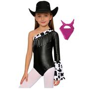 YEAHDOR Disfraz de Vaquera de 3 Piezas para Niñas Body Brillante Maillot de Manga Larga con Flecos y Estampado de Vaca con Sombrero de Vaquero y Pañuelo Negro Rosa Fuerte 11-12 años