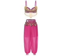 YEAHDOR Mujer Danza del Vientre 2Piezas Sujetador Pantalones Bombachos de Danza Oriental Disfraz de Bailarina árabe Princesa India Halloween Carnaval Rosa Caliente M