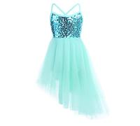 YEAHDOR Niña Vestido de Danza Ballet Mailot de Danza Contemporanea Vestido Tirantes Lentejuela Tutú Tul Asimétrico Traje de Danza Lírica Verde 10-12 años