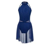 YEAHDOR Vestido de Danza Ballet para Niña Chica Sin Mangas Encaje Floral Maillot Gimnacia con Falda Asimétrico de Gasa Vestido de Danza Lírica Traje de Danza Contemporánea A Azul Oscuro 13-14 años