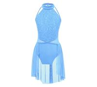 YEAHDOR Vestido de Danza Ballet para Niña Chica Sin Mangas Encaje Floral Maillot Gimnacia con Falda Asimétrico de Gasa Vestido de Danza Lírica Traje de Danza Contemporánea A Azul Claro 9-10 años