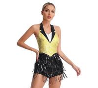 YEAHDOR Vestio de Danza para Mujer Lentejuelas Vestido de Baile Latino con Flecos Sin Mangas Vestido de Tango Salsa Rumba Traje de Baile de Salón C Amarillo A XL