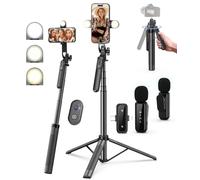 Yeaki Kit de vlogging para iPhone/Android, trípode de palo selfie de 71 pulgadas para iPhone con luz, control remoto inalámbrico y micrófono, trípode de teléfono ajustable para TikTok/YouTube Starter