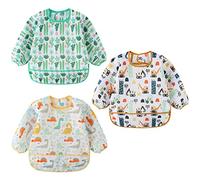 Yealoo 3 Pcs de Babero con Mangas Impermeable Baberos de Alimentación para Bebés con Mangas Largas 3-30 Meses (Cactus/Dinosaurio/Explorador)