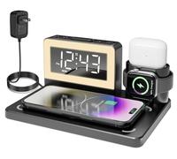 YEAPOWER Reloj despertador con carga inalámbrica, luz nocturna de 7 colores, cargador inalámbrico 6 en 1 para Apple, estación de carga para iPhone 16/15/14/13/12/11/Pro Series, para Apple Watch