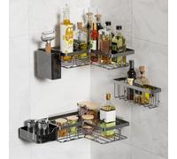 YEAPUPE PRO - Juego de estantes de baño de 5 piezas - estantes de ducha sin agujeros con 2 estantes esquineros, jabonera, soporte para cepillos de dientes y cesta - adhesivo, negro