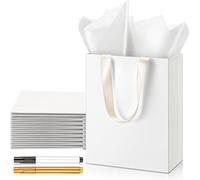 Yeaqee Paquete de 12 bolsas de regalo blancas con marcador de papel de seda, bolsas de papel de bienvenida de 9 x 7 x 3.15 pulgadas con asas, bolsa de regalo de 5 sentidos para él, ella, cumpleaños