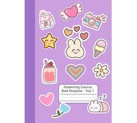 Year 1 Exercise Book - Kawaii Sticker Design with Purple Background - Half Lined Half Plain A4 Workbook for Reception & KS1 - Dotted Midline Handwriting & Drawing - Summer & Spring Term