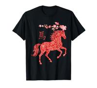 Year of The Horse Chinese Zodiac Prancing Red Floral Kanji Camiseta