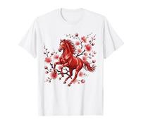 Year of The Horse Chinese Zodiac Rearing Red Floral Sakura Camiseta