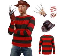 Yearsahrk Freddy Krueger Disfraz de pesadilla de 4 piezas, suéter a rayas, máscara espeluznante, guante con garra, sombrero de vaquero, Halloween, cosplay para adultos (L)