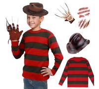 Yearsahrk Freddy Krüger Disfraz infantil de 4 piezas, disfraz de pesadilla de Elm Street Freddy Krueger, a rayas, guante, sombrero, carnaval, Halloween