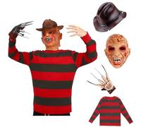 Yearsahrk Freddy Krüger Disfraz infantil de 4 piezas, disfraz de pesadilla de Elm Street Freddy Krueger, a rayas, guante, sombrero, carnaval, Halloween