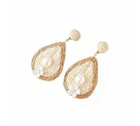 YEATMUE Elegantes aretes de perlas de gota de agua con flor pequeña, aretes Bobo envueltos en paja de rafia hechos a mano para mujer, colgantes de gota de playa, regalos de joyería para mujer, Ratán