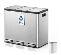 YEAUPE PRO Cubo Basura Cocina 54L Triple 3x18L, Cubo Reciclaje con Pedal Acero Inoxidable, Papelera Cocina Antihuellas con Cierre Suave, Cubetas Extraíbles + 15 Bolsas