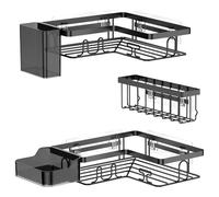 YEAUPE PRO Estante de Ducha sin taladrar Esquina, Juego de 5 estantes para baño con 2 estantes de Esquina, jabonera, Soporte para cepillos de Dientes y Cesta, Estante de Pared Autoadhesivo, Negro