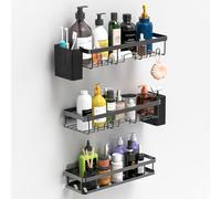 YEAUPE PRO Estante de ducha sin taladrar - Juego de 5 organizadores de baño en negro | 2 estantes de ducha de secado rápido, 1 cesta de ducha grande y 2 soportes para cepillos de dientes | Montaje en