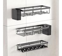 YEAUPE PRO Estantería de Ducha sin Taladro, Set de 5 Piezas Organizador Baño Negro con 2 Estantes, 1 Cesta y 2 Soportes para Cepillos, Adhesivo Fuerte, Fácil Instalación