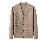 YEBAITOU Jersey de punto para hombre, otoño e invierno, para tiempo libre, monocolor, cuello en V, trenzado, manga larga, caqui, L