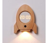 Yechiry Lámpara de Pared con Diseño de Cohete de Dibujos Animados, Aplique de Pared con Sensor de Movimiento de Madera Maciza y Reloj Digital, Brillo Suave de 1 W para Dormitorio,