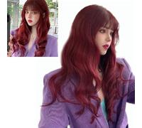 Yechiry Peluca Larga y Rizada, Cómoda, Transpirable, Cabello Hermoso para Espectáculos, Fiestas, Flequillo Aéreo, Peluca Ondulada Larga de Color Rojo Vino para Actuaciones, Fiestas y Fotografías