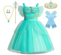 yecwkaz Vestido de princesa Jasmine para niña, disfraz de jazmín con corona y collares para fiesta, baile, cumpleaños, carnaval, Halloween 120